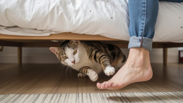 Cat Playing Under Bed with Human Foot in Cozy Bedroom Setting