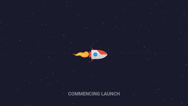 Minimalist Rocket Ship Flying Through Outer Space with Commencing Launch Text