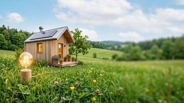 Tiny House Living and Sustainable Lifestyle, Small Home in Green Meadow