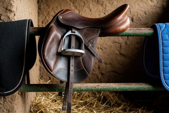 Close view of a brown leather horse saddle on a green metal bar. Next to it are black and blue saddle pads. Hay is on the ground below. Equestrian gear awaits rider.