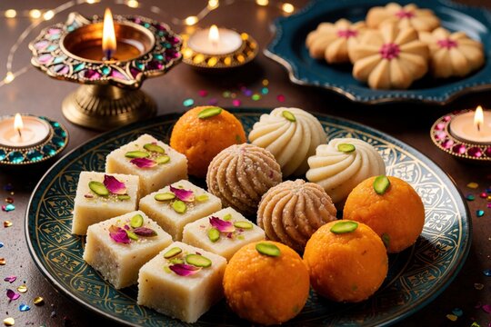 Indian sweets assortment arranged on ornate plate with lit diyas and festive lights. Traditional desserts like ladoo and barfi are ready for celebration, symbolizing joy and prosperity.