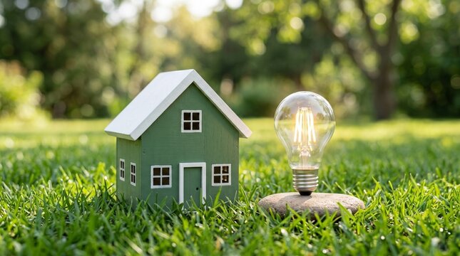 Home Energy Efficiency and Sustainable Housing, Model House with Light Bulb