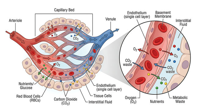 Medical Illustration of Gas and Nutrient Exchange in a Capillary Bed Between Arteriole and Venule