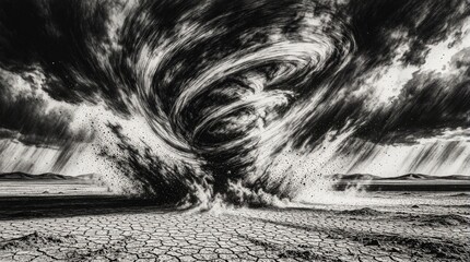 Fototapeta premium Dramatic dust tornado swirls violently on cracked dry earth under stormy sky. Intense desert storm creates vortex of sand and debris. Nature raw power unleashed.