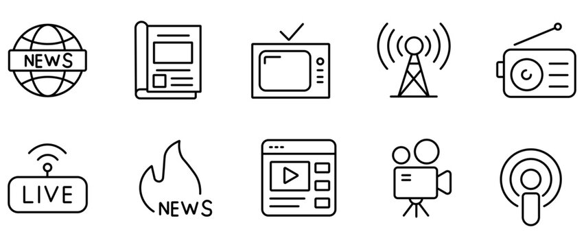 Minimalist news and media line icons, 10 journalism vector elements. Professional broadcasting and mass communication symbols for web design.