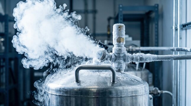 Cryogenic tank emitting vapor from valve and pipes in industrial laboratory facility, representing scientific research and low temperature storage.