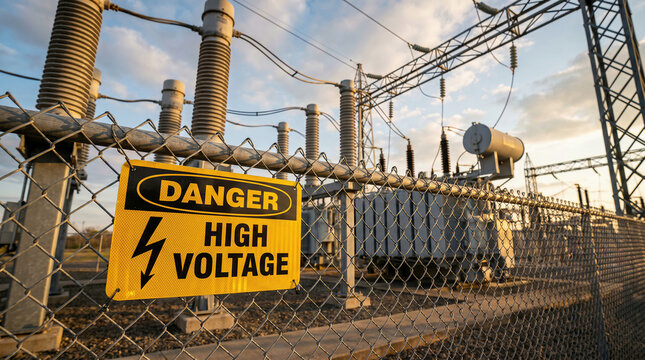 Electrical substation with danger high voltage sign on fence, energy infrastructure and safety warning.
