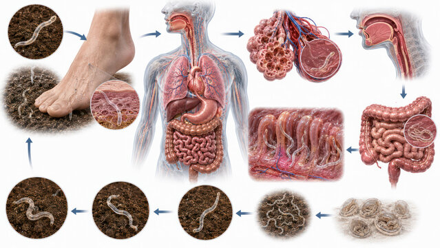 Human Hookworm Infection Life Cycle, Ancylostoma and Necator Larvae Penetrating Skin, Migrating Through Lungs and Intestines
