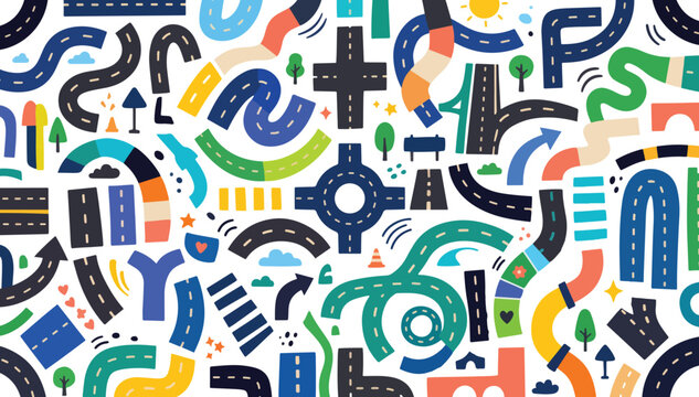 Colorful urban road pattern vector with curvy streets, roundabout, intersections and traffic icons