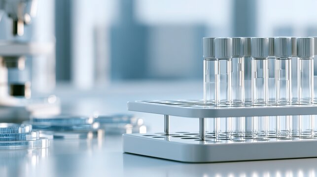 Minimalist modern biological gene laboratory,sampling test tubes and biochips neatly placed,clean scientific research space in pale white‑blue tone