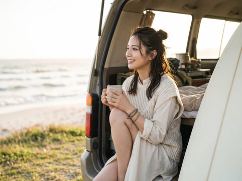 車中泊の朝、波打ち際のキャンピングカーで温かい飲み物を片手に笑顔を見せる女性