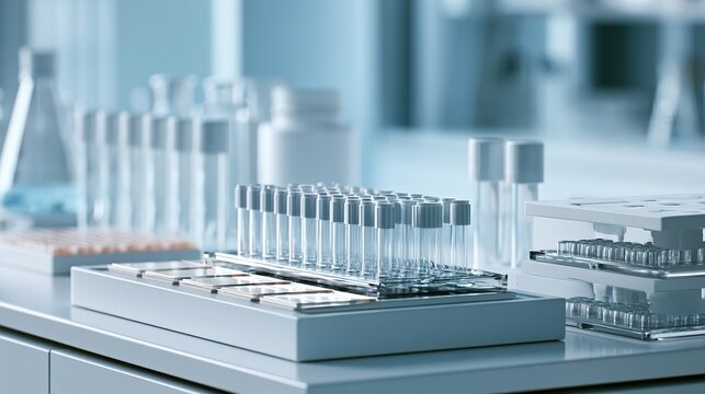 Minimalist modern biological gene laboratory,sampling test tubes and biochips neatly placed,clean scientific research space in pale white‑blue tone