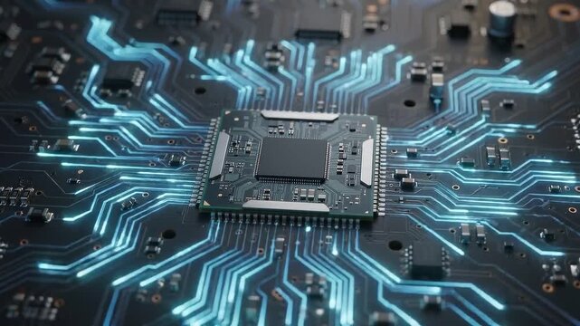 Futuristic processor chip glowing on digital circuit board