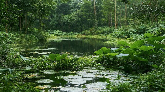 Urban ecological wetland reserve,clear water area,lush aquatic green plants,no extra debris,simple natural environmental empty shot