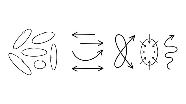 Hand drawn arrow set and circle sketches, black ink doodle elements on white background, minimalist line art icons for business presentations