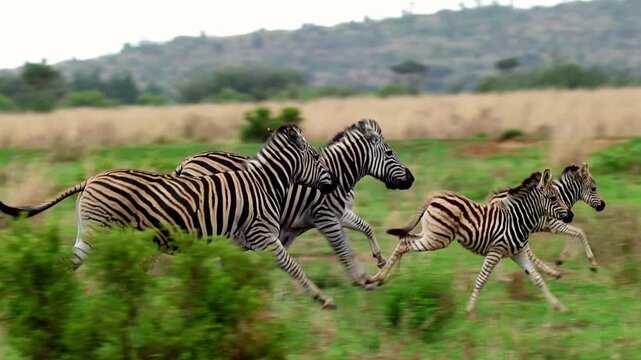 Wild zebras running across African savanna, herd of striped zebras galloping in nature, wildlife animals in motion on green grassland