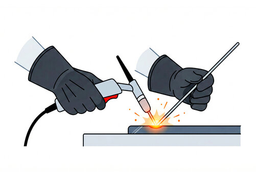 Illustration of the use of electric welding equipment and safety gear during work.