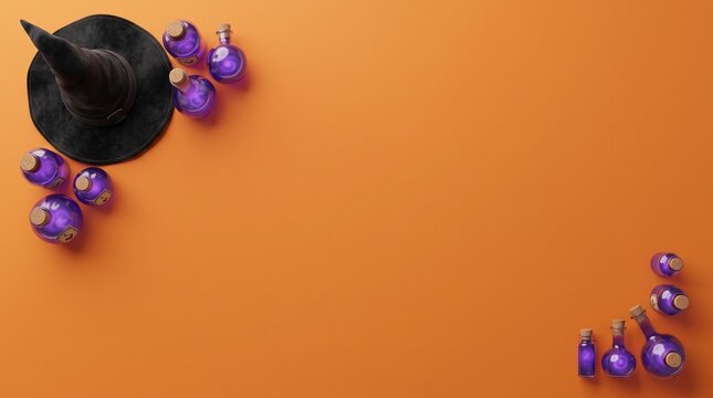Halloween witch hat and purple magic potions on orange background for holiday banner.