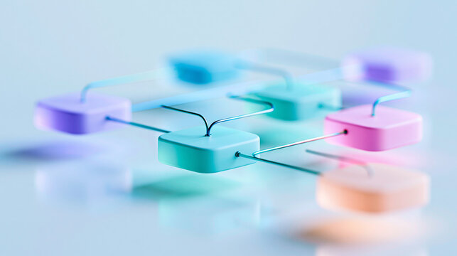 A close-up of interconnected pastel-colored blocks forming a flowchart or network diagram on a light blue surface.