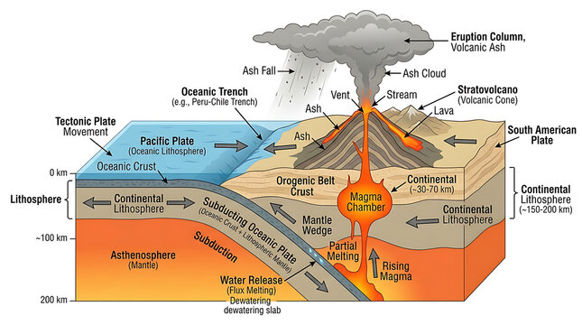 Educational Diagram Illustrating the Process of Plate Tectonics Subduction and Volcanic Arc Formation