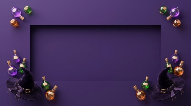 Halloween witch hat and magic potion bottles frame on purple background