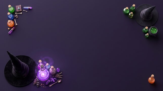 Halloween witch hats and magic potion bottles on a dark purple background flat lay