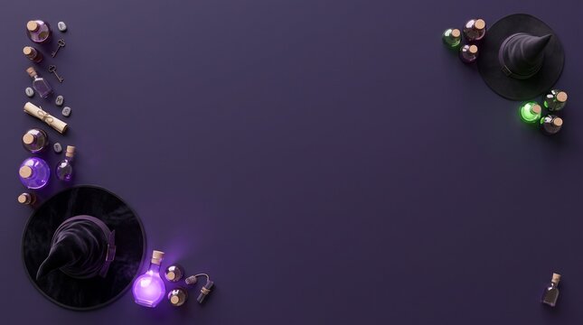 Halloween background with witch hats and glowing magic potion bottles on purple surface