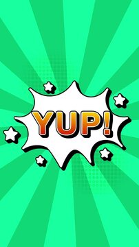 Travel text word lettering popup comic cartoon reveal with bomb and smoke explosion manga anime book page dots radial speed lines doodle teal background seamless loop vertical animation retro yes