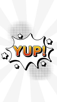 Travel text word lettering popup comic cartoon reveal with bomb and smoke explosion manga anime book page dots radial speed lines doodle white background seamless loop vertical animation retro yes