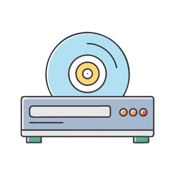 Vintage dvd player with disc icon - Illustrated flat design of an old-school DVD player featuring a spinning disc on top, minimalistic and modern style.