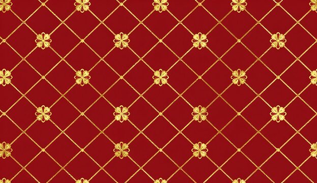 Luxurious red and gold geometric diamond lattice pattern background with ornate floral motifs and metallic glitter trim for royal wallpaper, festive wrapping paper, and holiday decoration design