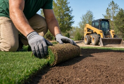 Professional landscaper installing vibrant green sod over fresh soil, showcasing lawn care, turf installation, landscaping work, gardening, outdoor maintenance, and residential improvement.