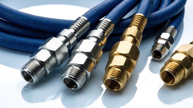 Blue industrial hoses with metal and brass pneumatic fittings lie on a white surface. The closeup shows connections for air or fluid transfer.