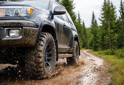 Rugged 4x4 SUV splashing through mud on a forest trail, surrounded by green pine trees, capturing outdoor adventure, off-road driving, motion, and exploration.
