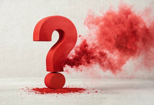 Three-dimensional red question mark surrounded by vibrant powder and smoke on a textured gray surface, symbolizing uncertainty, curiosity, decision-making, questions, and problem-solving.