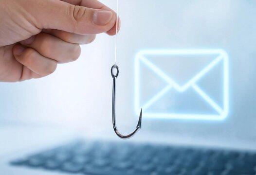 Conceptual photograph depicting email phishing and cybersecurity threats, featuring a hand holding a sharp fishing hook near a glowing envelope against a bright background.