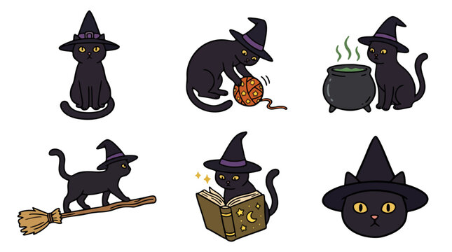 Hand drawn black cat wearing witch hat doodle collection for magical halloween invitation and spooky autumn festival poster