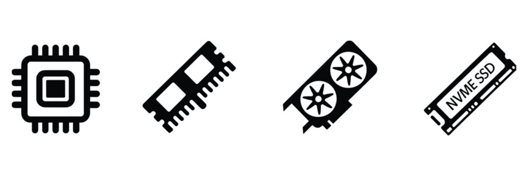computer hardware components icon set, cpu, ram, gpu and nvme ssd vector