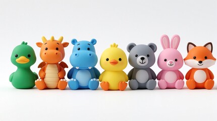 Obraz premium Cute plastic animal toys sit in a row on a white background. Collection includes duck, dragon, hippo, chick, bear, bunny, fox. Playful characters for kids.