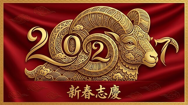 Magnificent golden ram head integrated with 2027 text on draped red silk background for lunar holiday.