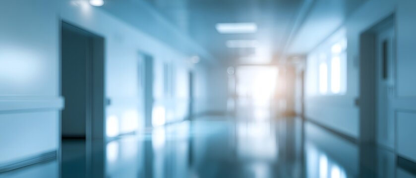 Blurred modern hospital corridor with bright natural light clean healthcare facility hallway medical clinic interior emergency care environment patient services and healthcare background