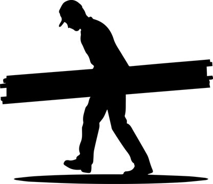 Silhouette of a Construction Worker Carrying a Large Wooden Plank or Board