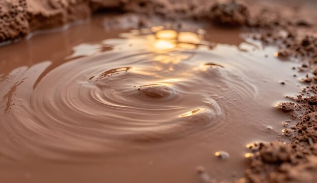Close up View of Brown Mud Puddle with Swirling Water Ripples and Golden Sunlight Reflection Natural Environment Texture Photography