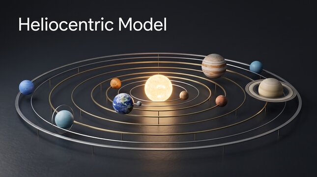 Heliocentric model 3d render of the solar system with planets on brass rings around a glowing sun representing the sun centered universe