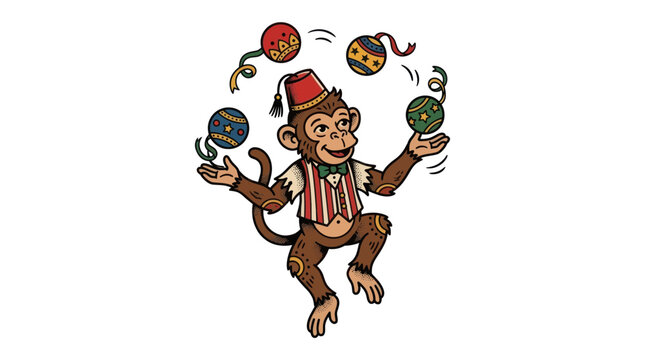 Monkey Juggling Colorful Balls in Circus Outfit