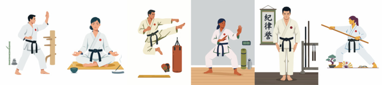 Vector illustrations set showing diverse male and female martial artists practicing karate techniques, meditation, and training with weapons and equipment.