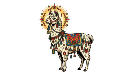 Fototapeta premium Ornate Llama with Radiant Halo and Tassels