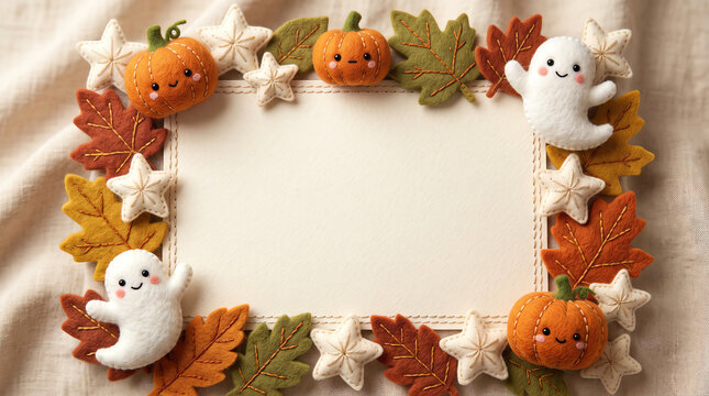Halloween background with handmade crochet pumpkins ghosts and autumn leaves framing a blank white paper card