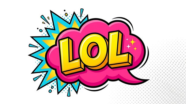 A vibrant and colorful comic book style speech bubble shows the popular internet acronym lol against a dynamic and energetic burst background