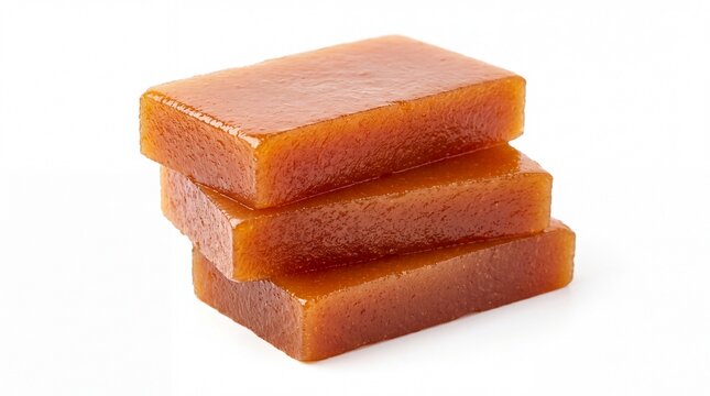 Stack of glossy orange quince paste blocks captured in bright studio lighting on white background